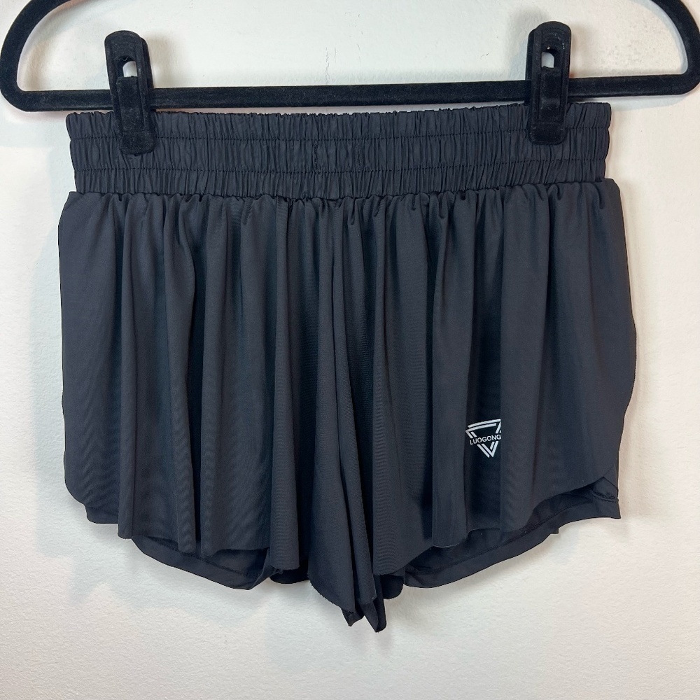 Luogongzi 2-in-1 Flowy Running Shorts Black Pull On Stretchy Gym Athletic  Large